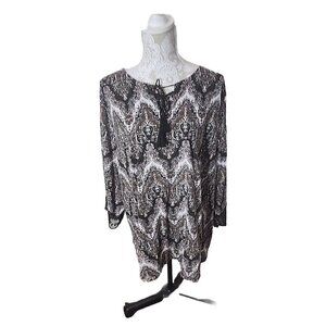 Catherines Womens 3X Brown White  3/4 BellSleeve Tunic W/lace  Top Boho